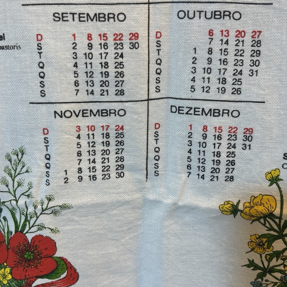 1985 Vintage Portuguese Linen Cloth Calendar Tea Towel Wall Hanging Flowers Rare - Picture 10 of 15
